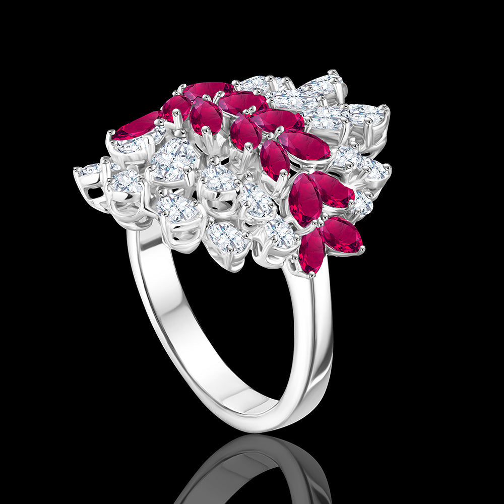 Remarkable ring featuring pear-shaped Ruby and diamond gemstones Statement jewelry / B-XLLNK374R