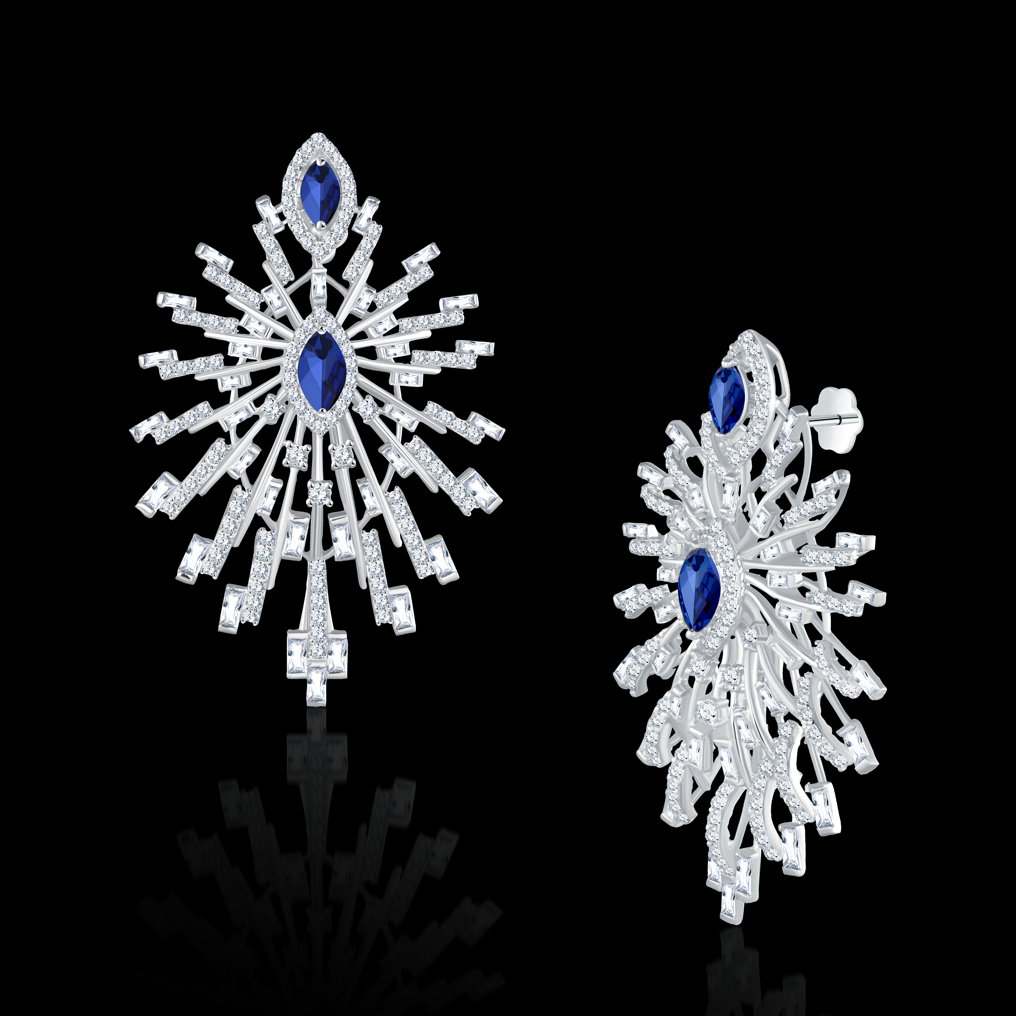 Sapphire Majesty Statement Earrings by IRAM - IRAM Majestic statement earrings adorned with saphire marquise, baguette and round stones  - I-E102S