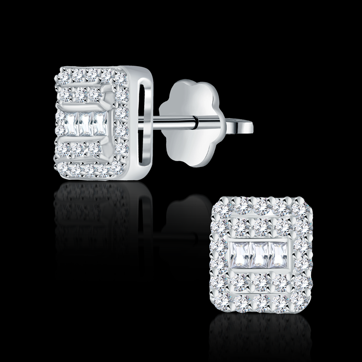 Stud earrings in a squarish frame adroned with round and baguette stones  - I-H052ES