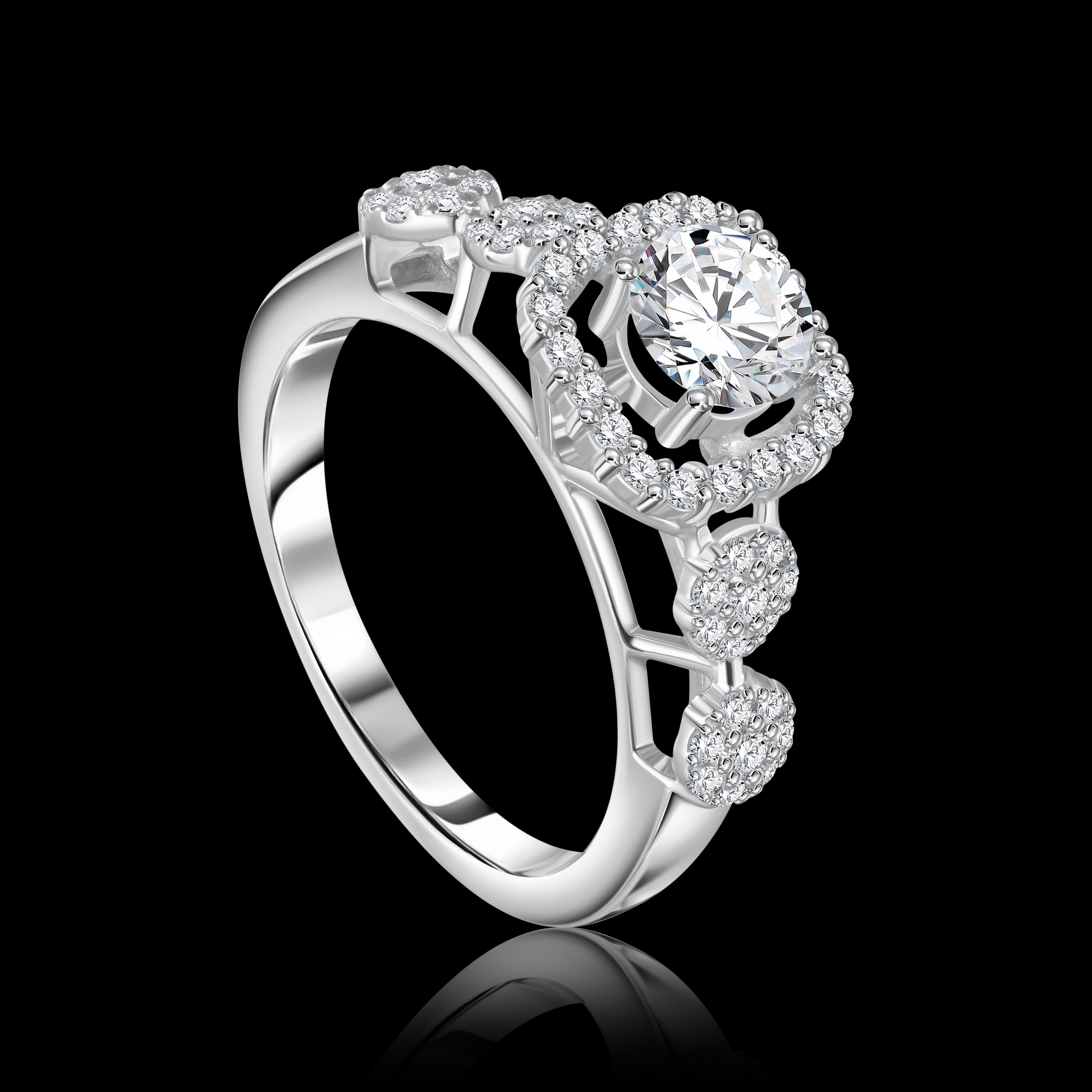 Twin-ring graced by a squared halo that artfully embraces a brilliant round center stone. Bridal jewelry / I-T200SB