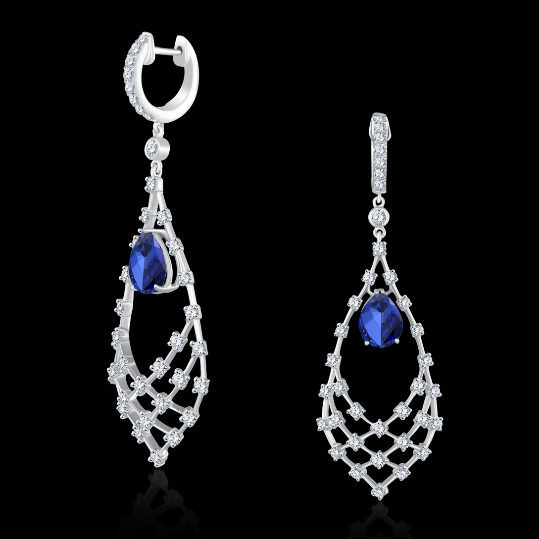 Dangling earrings adorned with saphire pear stones and round stones  - NADL-ER