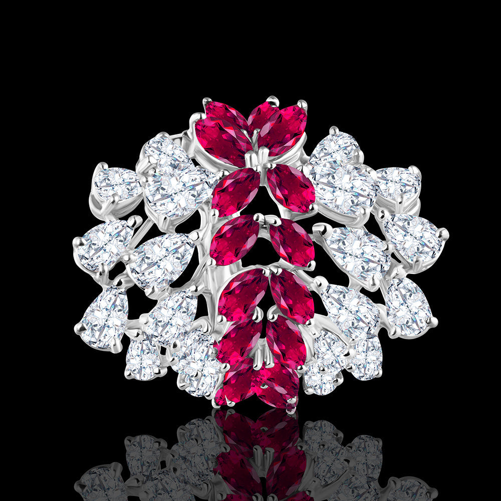 Remarkable ring featuring pear-shaped Ruby and diamond gemstones Statement jewelry / B-XLLNK374R