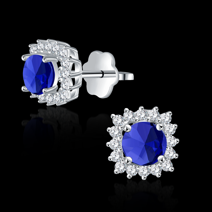 Solei sapphire stud earrings adorned with single halo diamond pave - I-H048ES