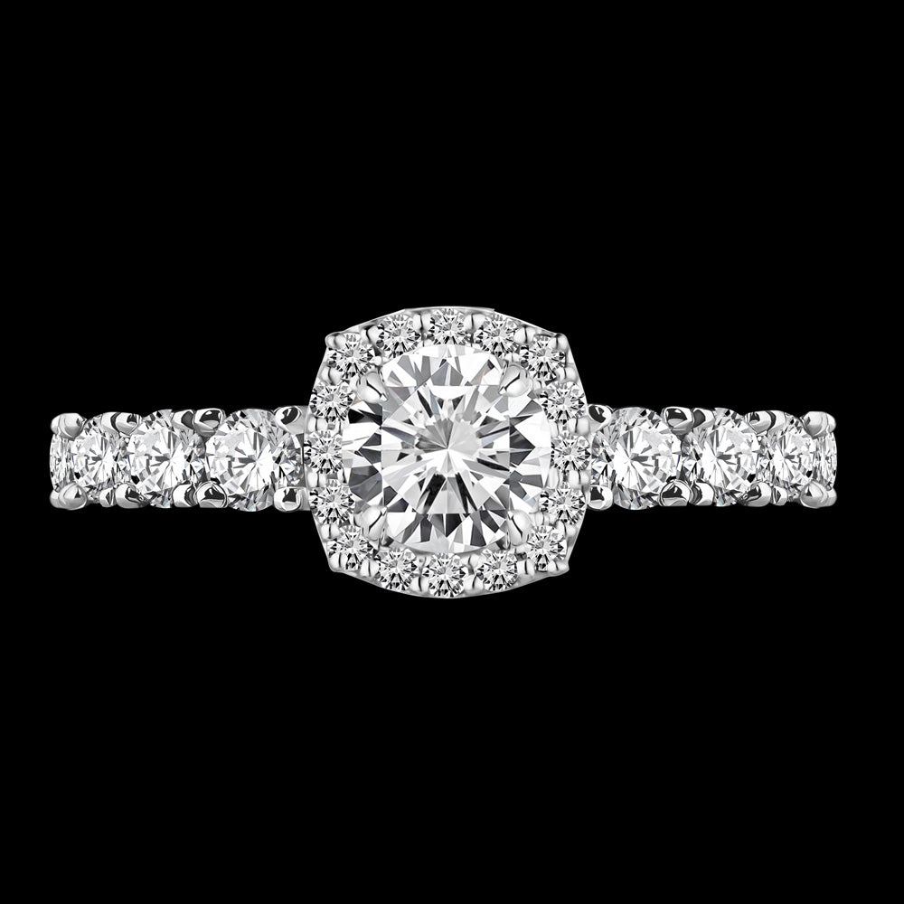 A Solitaire ring with a cushion halo, encircling a captivating round center stone, combining classic elegance with a touch of vintage charm Bridal jewelry / IRKI194D