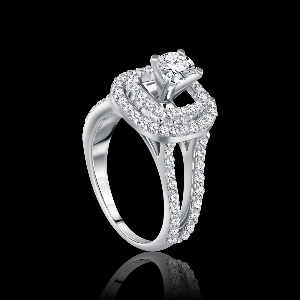 A doubled halo twin ring featuring a stunning center stone Bridal jewelry / RPK47