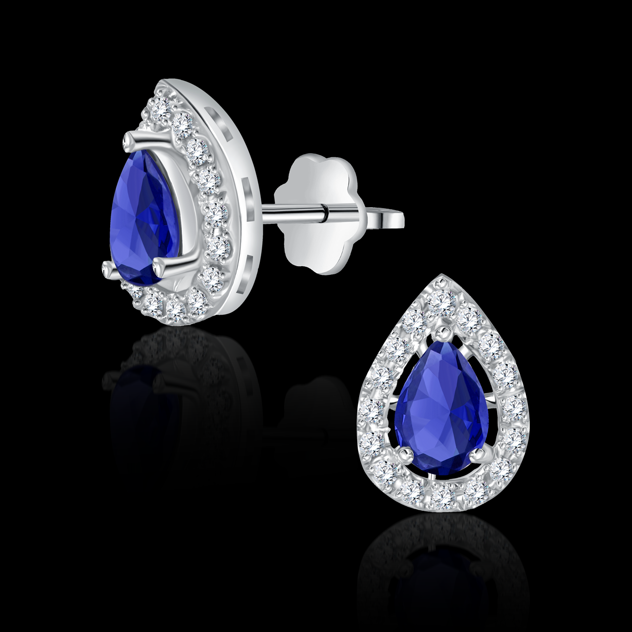 Pear shaped sapphire Stud earrings adorned with single halo diamond pave - TK-0021BE